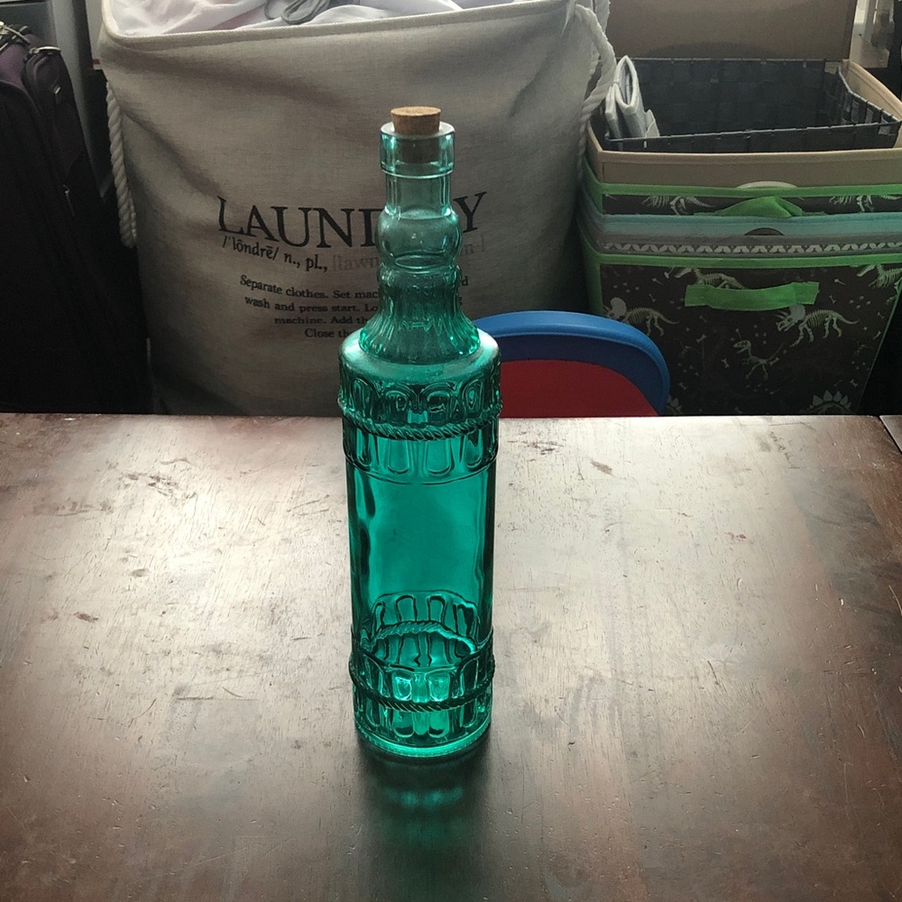 Vintage Teal Decorative Glass Bottle with Cork Stopper